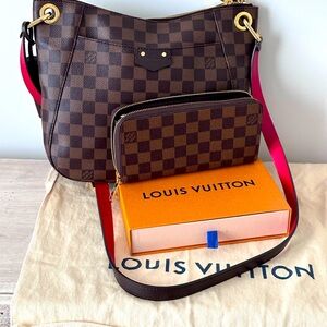 Louis Vuitton Damier Ebene crossbody handbag and wallet.